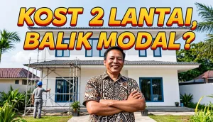Investor tersenyum puas melihat gedung kost 2 lantai yang baru selesai dibangun