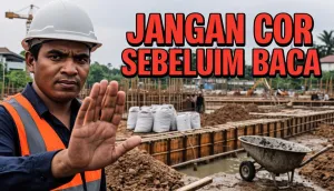 Pekerja melakukan soil treatment menyemprot tanah urug sebelum lantai dicor