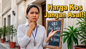 Wanita berpikir keras sambil memandang papan daftar harga sewa
