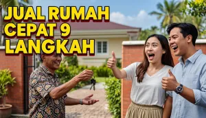 Pemilik menyerahkan kunci rumah kepada pasangan pembeli di gerbang depan