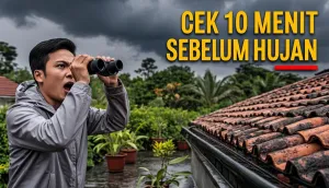 Pemilik rumah mengamati atap rumahnya dari halaman dengan teropong
