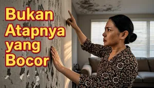 Sudut pertemuan dinding dan lisplang rumah yang tampak lembap