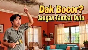 Pemilik rumah menunjuk noda rembesan di plafon tepi dak beton rumahnya