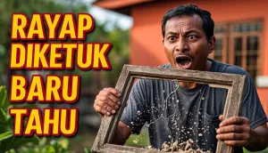 Pemilik rumah memegang potongan kusen kayu yang keropos dimakan rayap di rumahnya